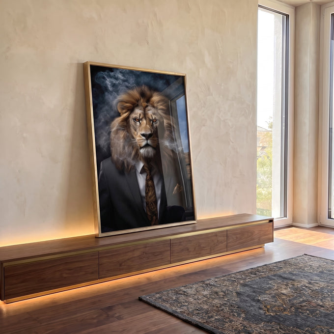 Quadro Decorativo Leão Elegante: Sofisticação Pura em ambiente decorado - quadros decorativos para sala