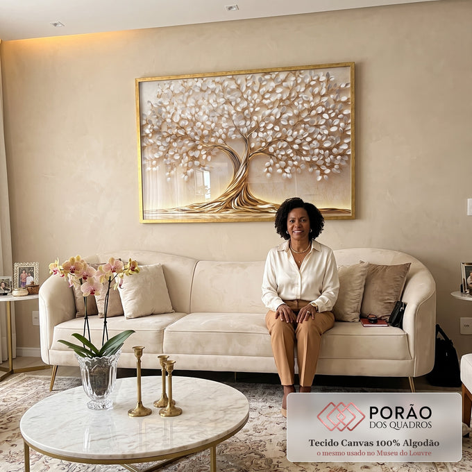 Quadro Decorativo Elegância da Vida Dourada em sala de estar moderna - quadros decorativos para sala