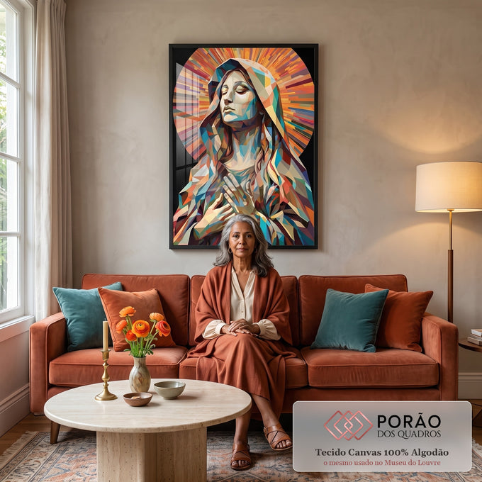 Quadro Decorativo Virgem Maria em Abstração: Inspiração Divina em sala de estar moderna - quadros decorativos para sala