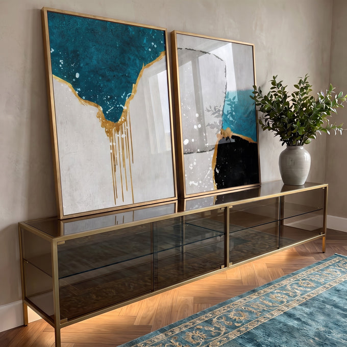 Quadro Decorativo: Luxo em Abstrato Azul e Ouro em ambiente decorado - quadros decorativos para sala