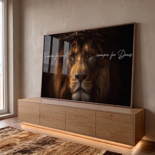 Quadro Decorativo Leão Dourado Poder e Fé em ambiente decorado - quadros decorativos para sala