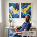Quadro Decorativo Abstrato Azul e Amarelo Estilo e Sofisticação em escritorio moderno - quadros decorativos para sala