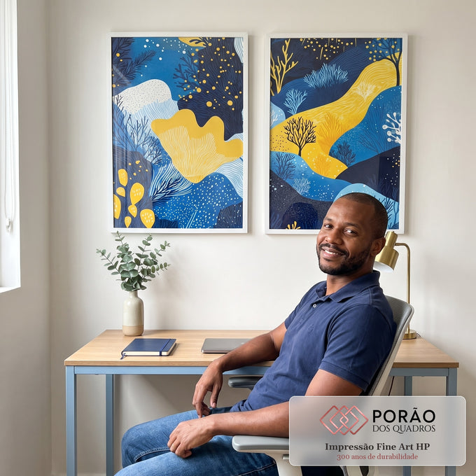 Quadro Decorativo Abstrato Azul e Amarelo Estilo e Sofisticação em escritorio moderno - quadros decorativos para sala
