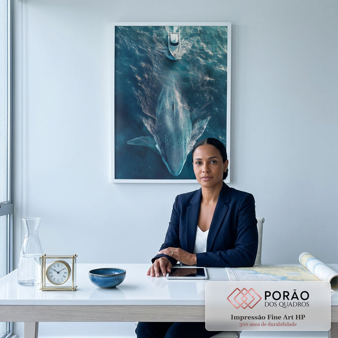 Quadro Decorativo Encontro Majestoso - Barco e Baleia no Mar em escritorio moderno - quadros decorativos para sala