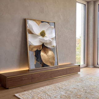 Quadro Decorativo Elegância em Flor: Quadro Magnólia Dourada em ambiente decorado - quadros decorativos para sala