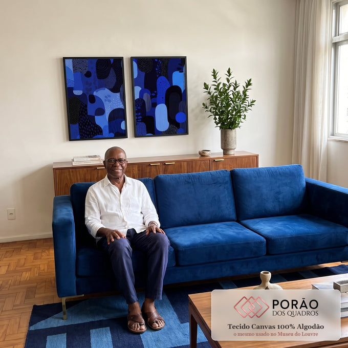 Quadro Decorativo Dupla Abstrata Azulada em sala de estar moderna - quadros decorativos para sala