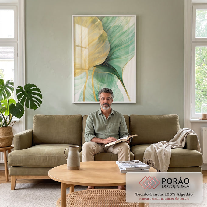 Quadro Decorativo Folhagem Dourada e Verde - Elegância Natural para sua Casa em sala de estar moderna - quadros decorativos para sala