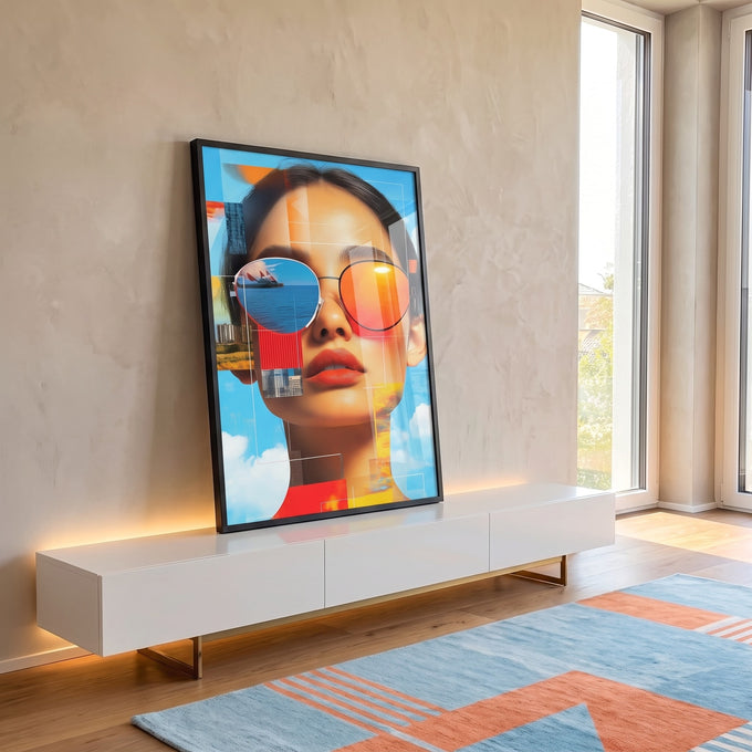 Quadro Decorativo Abstrato Mulher sobre Nuvens em ambiente decorado - quadros decorativos para sala