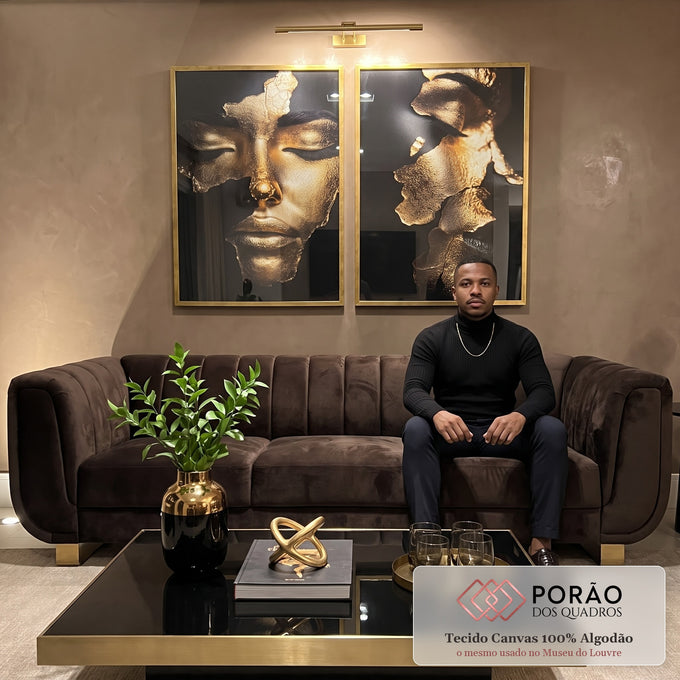 Quadro Decorativo A Reflexão das Mulheres em Gold em sala de estar moderna - quadros decorativos para sala