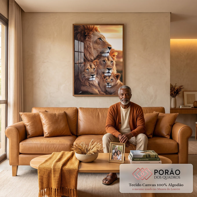 Quadro Decorativo Família de Leões: União e Força em sala de estar moderna - quadros decorativos para sala