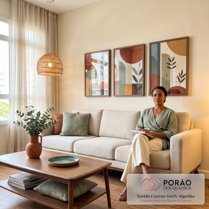 Quadro Decorativo Abstrato Tripartido Vibrante em sala de estar moderna - quadros decorativos para sala