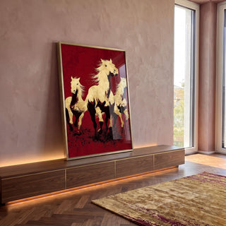 Quadro Decorativo Cavalos em Dourado em ambiente decorado - quadros decorativos para sala