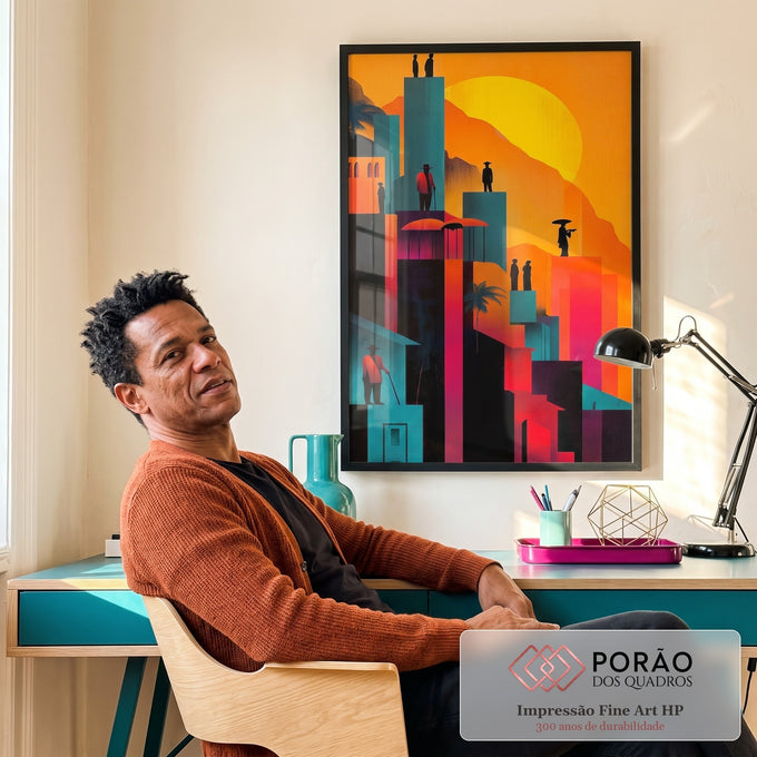 Quadro Decorativo Cidade ao Pôr do Sol Vibrante em escritorio moderno - quadros decorativos para sala