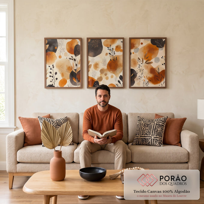 Quadro Decorativo Tripartite de Tons Terrosos para Ambientes Sofisticados em sala de estar moderna - quadros decorativos para sala