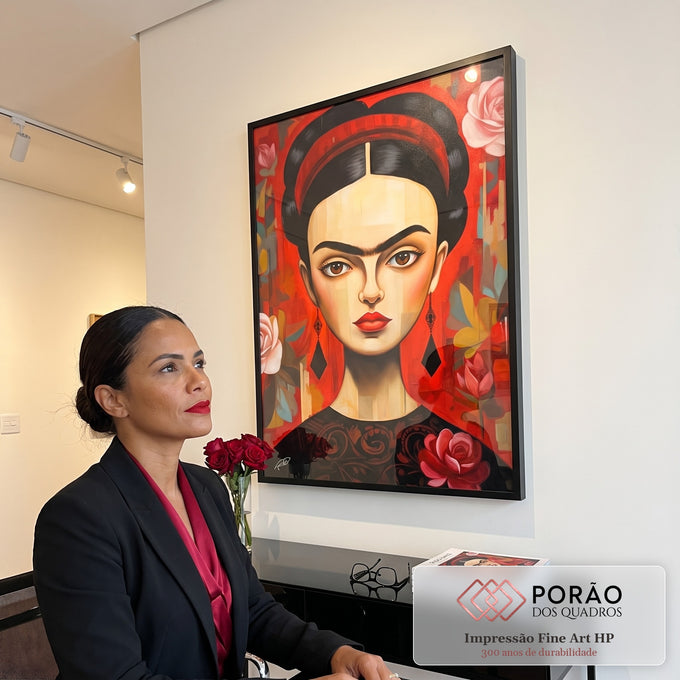 Quadro Decorativo Frida Kahlo: Magia e Rosa Vermelha em escritorio moderno - quadros decorativos para sala