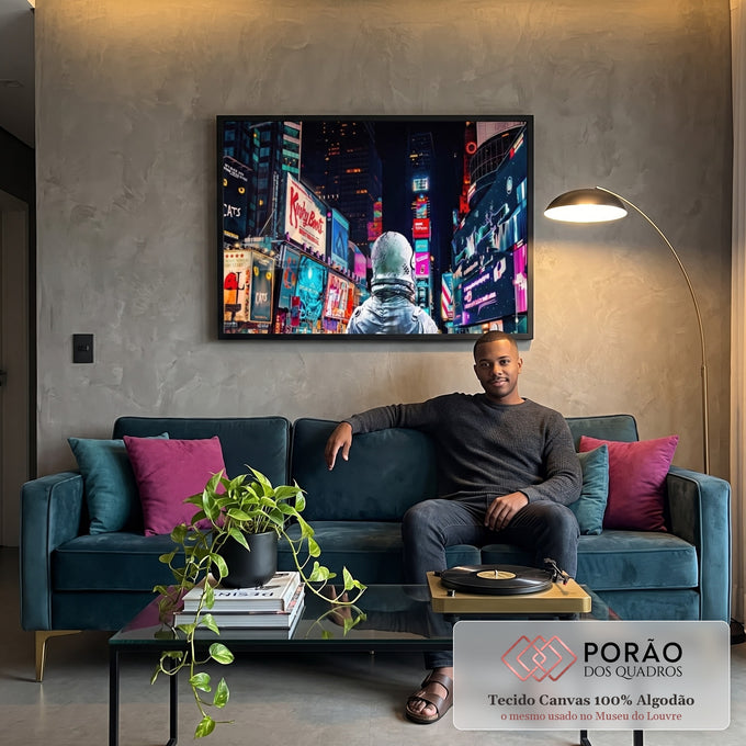 Quadro Decorativo Explorador Urbano: Astronauta Surreal em sala de estar moderna - quadros decorativos para sala