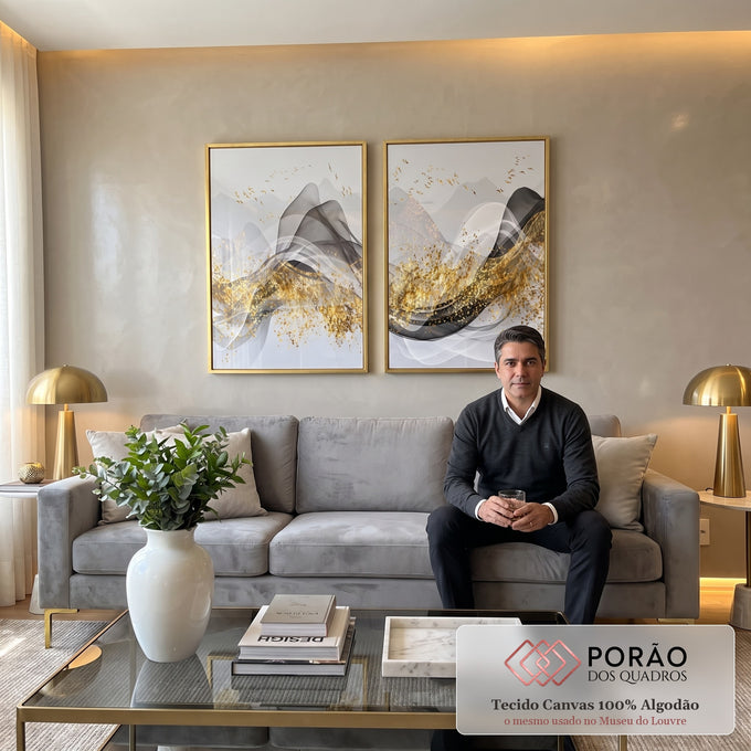 Quadro Decorativo Luxo Abstrato: Ouro & Prata em sala de estar moderna - quadros decorativos para sala