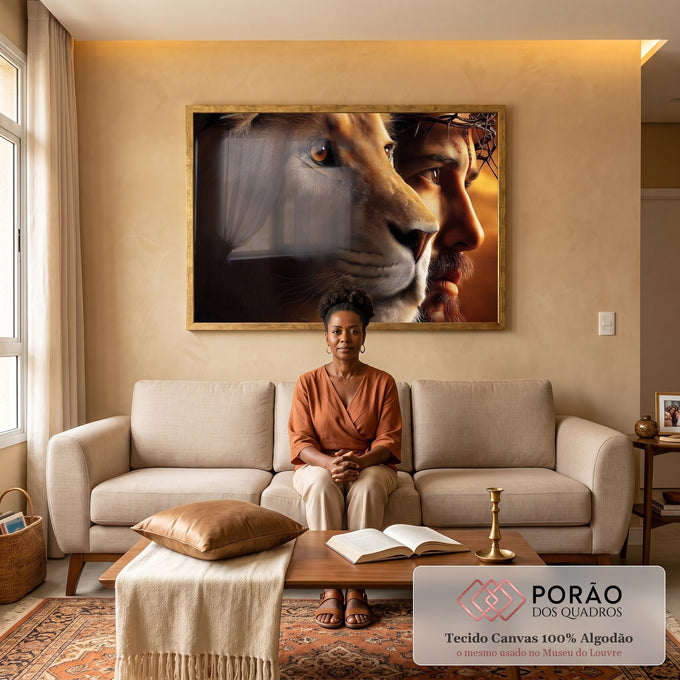 Quadro Decorativo Majestoso: Leão e Jesus Cristo em sala de estar moderna - quadros decorativos para sala