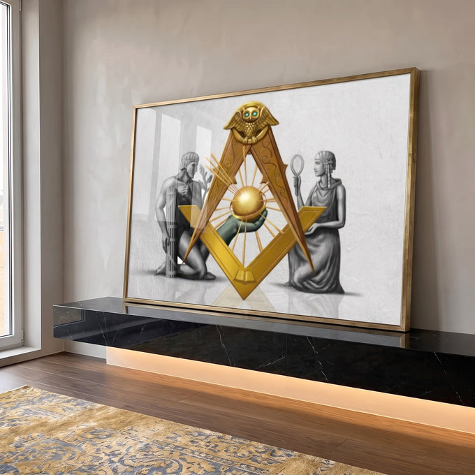 Quadro Decorativo Símbolo Maçônico: Luxo e Mistério em ambiente decorado - quadros decorativos para sala