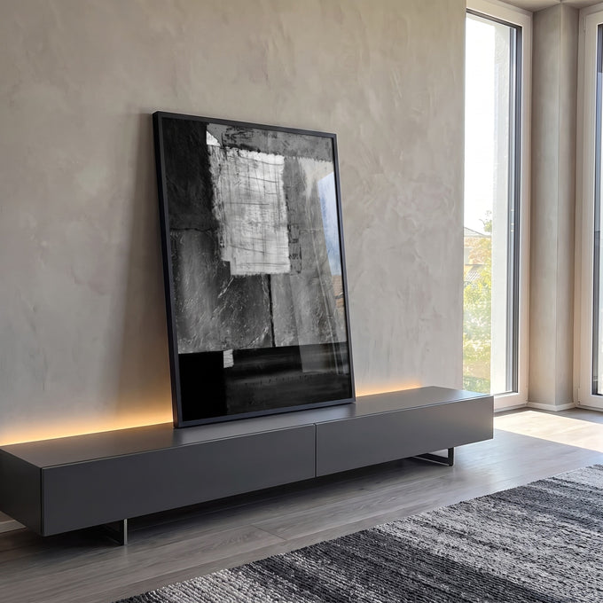 Quadro Decorativo: Elegância Monocromática Abstrata em ambiente decorado - quadros decorativos para sala