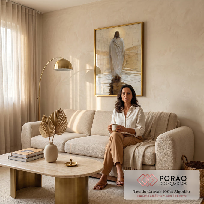 Quadro Decorativo Jesus sobre as Águas Amor e Paz em sala de estar moderna - quadros decorativos para sala