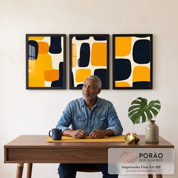 Quadro Decorativo Abstrato Tríptico Moderno em Amarelo e Preto em escritorio moderno - quadros decorativos para sala