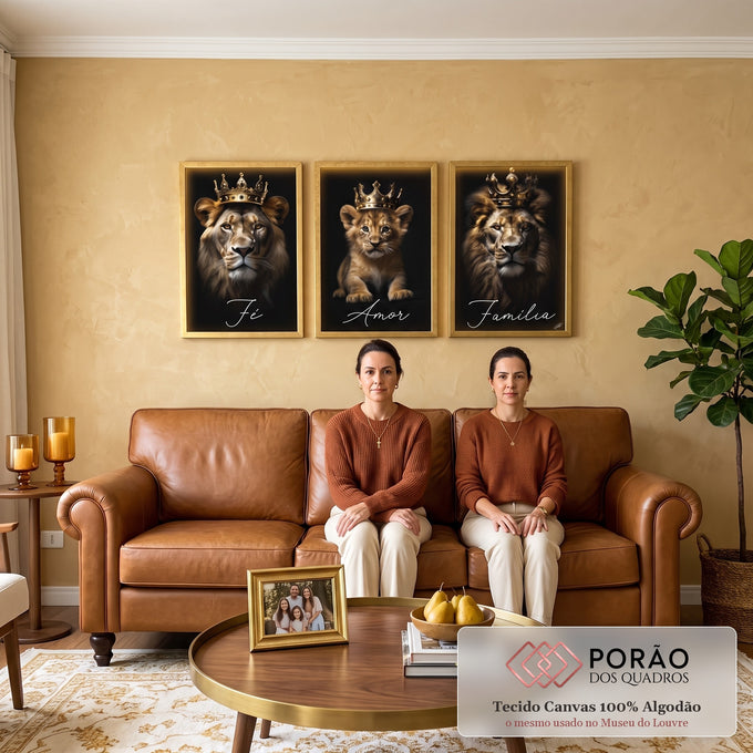 Quadro Decorativo Majestoso Leão com Coroa: Inspire-se! em sala de estar moderna - quadros decorativos para sala