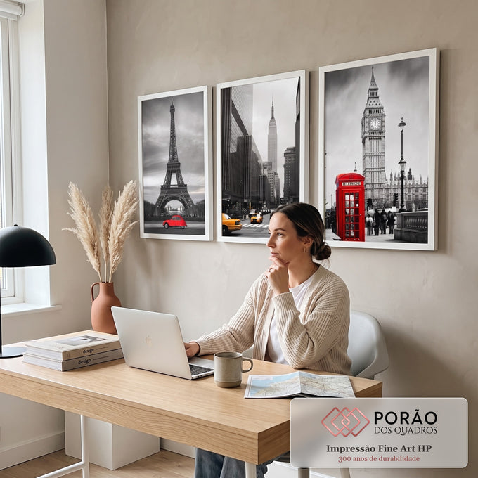 Quadro Decorativo: Paixão por Londres, Paris e Nova Iorque em escritorio moderno - quadros decorativos para sala