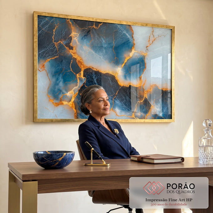 Quadro Decorativo Elegância Azul Dourado - Arte para Ambientes Sofisticados em escritorio moderno - quadros decorativos para sala