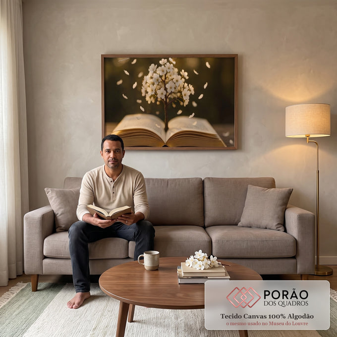 Quadro Decorativo: Livro e Árvore da Vida em sala de estar moderna - quadros decorativos para sala