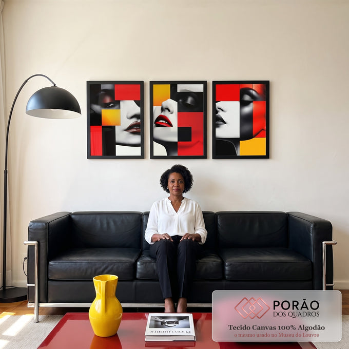 Quadro Decorativo Abstrato Trio Mulheres - Arte e Sofisticação em sala de estar moderna - quadros decorativos para sala