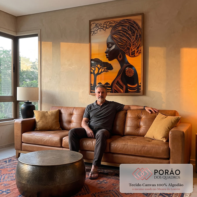 Quadro Decorativo Afro Contemporâneo Beleza e Raízes em sala de estar moderna - quadros decorativos para sala