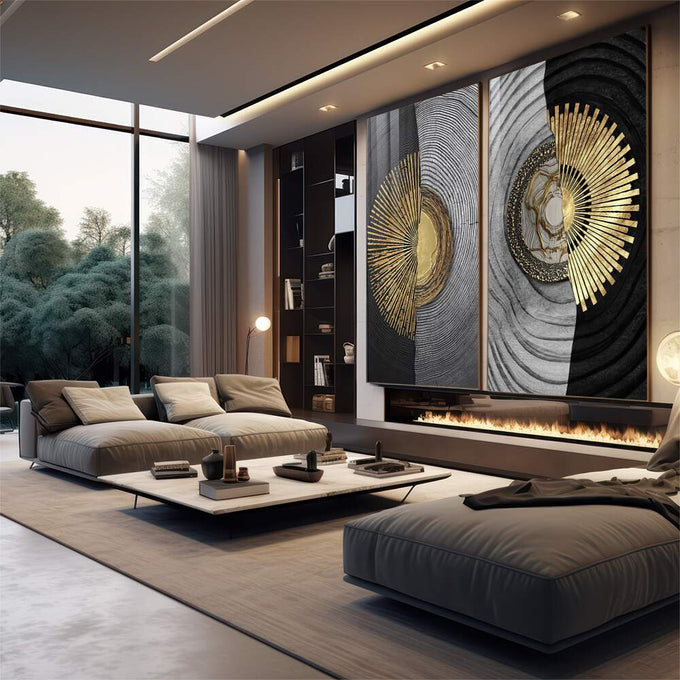 Quadro Decorativo: Elegância Solar em Preto e Dourado - quadros decorativos para sala 2 Telas, abstrato - em quarto contemporaneo