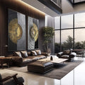 Quadro Decorativo: Elegância Solar em Preto e Dourado - quadros decorativos 2 Telas, abstrato - em escritorio elegante