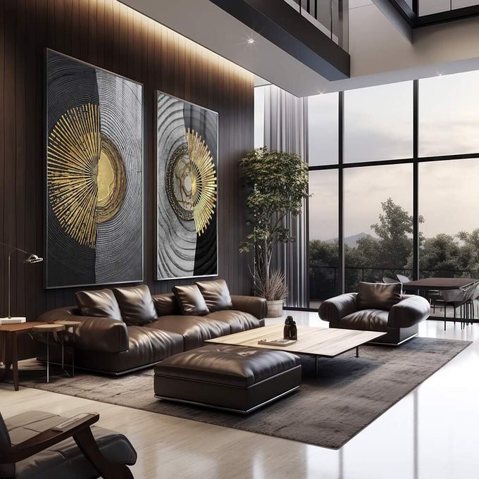 Quadro Decorativo: Elegância Solar em Preto e Dourado - quadros decorativos 2 Telas, abstrato - em escritorio elegante