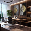Quadro Decorativo: Elegância Solar em Preto e Dourado - quadros decorativos para sala 2 Telas, abstrato - em living room premium