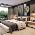 Quadro Decorativo: Elegância Solar em Preto e Dourado - quadros decorativos 2 Telas, abstrato - em sala moderna