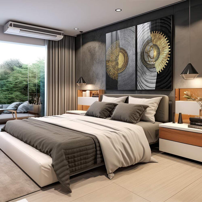 Quadro Decorativo: Elegância Solar em Preto e Dourado - quadros decorativos 2 Telas, abstrato - em sala moderna
