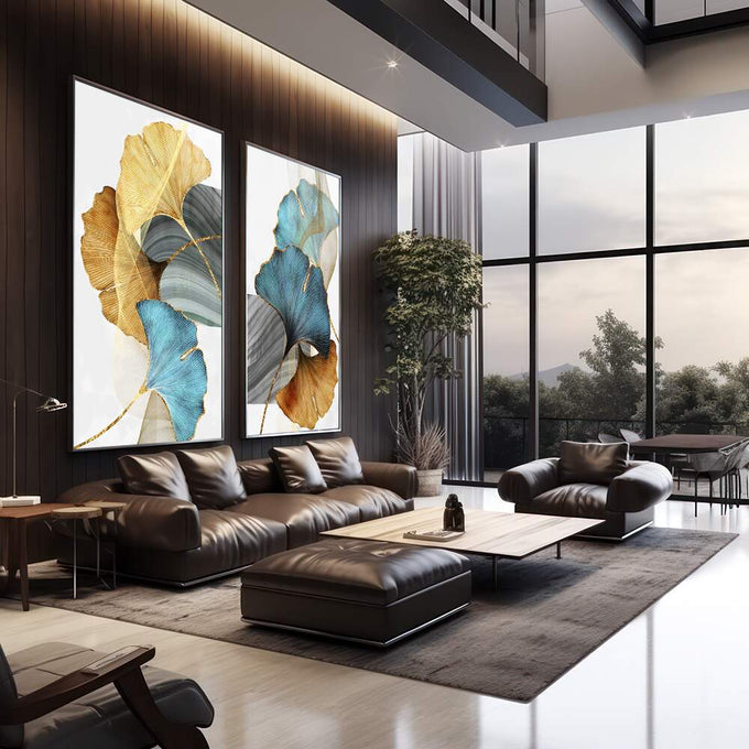 Quadro Decorativo: Folhas de Ginkgo em Azul e Ouro - Magia Visual - quadros decorativos 2 Telas, arte botânica - em escritorio elegante