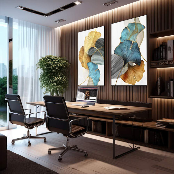 Quadro Decorativo: Folhas de Ginkgo em Azul e Ouro - Magia Visual - quadros decorativos para sala 2 Telas, arte botânica - em living room premium