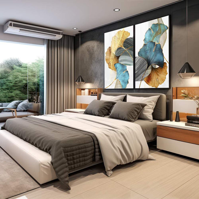 Quadro Decorativo: Folhas de Ginkgo em Azul e Ouro - Magia Visual - quadros decorativos 2 Telas, arte botânica - em sala moderna