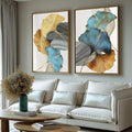 Quadro Decorativo: Folhas de Ginkgo em Azul e Ouro - Magia Visual - quadros decorativos para sala 2 Telas, arte botânica - em ambiente decorado
