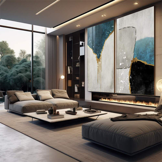 Quadro Decorativo: Luxo em Abstrato Azul e Ouro - quadros decorativos para sala 2 Telas, Abstratos e Geométricos - em quarto contemporaneo