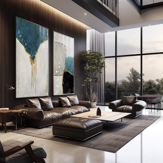 Quadro Decorativo: Luxo em Abstrato Azul e Ouro - quadros decorativos 2 Telas, Abstratos e Geométricos - em escritorio elegante