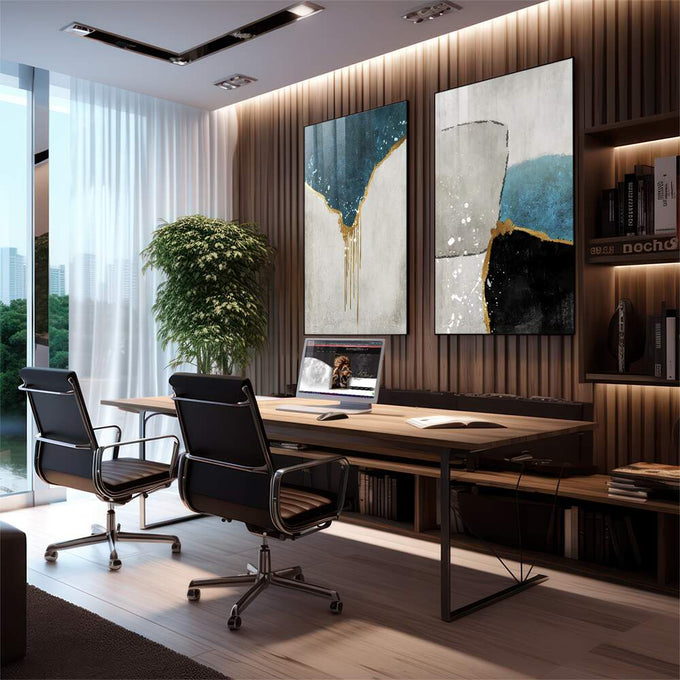 Quadro Decorativo: Luxo em Abstrato Azul e Ouro - quadros decorativos para sala 2 Telas, Abstratos e Geométricos - em living room premium