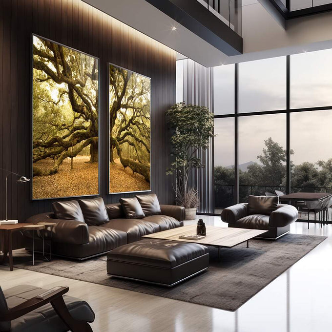 Quadro Decorativo Refúgio Florestal - Luz e Verde que Encantam - quadros decorativos 2 Telas, botânica - em escritorio elegante