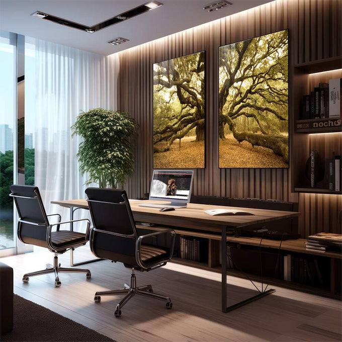 Quadro Decorativo Refúgio Florestal - Luz e Verde que Encantam - quadros decorativos para sala 2 Telas, botânica - em living room premium