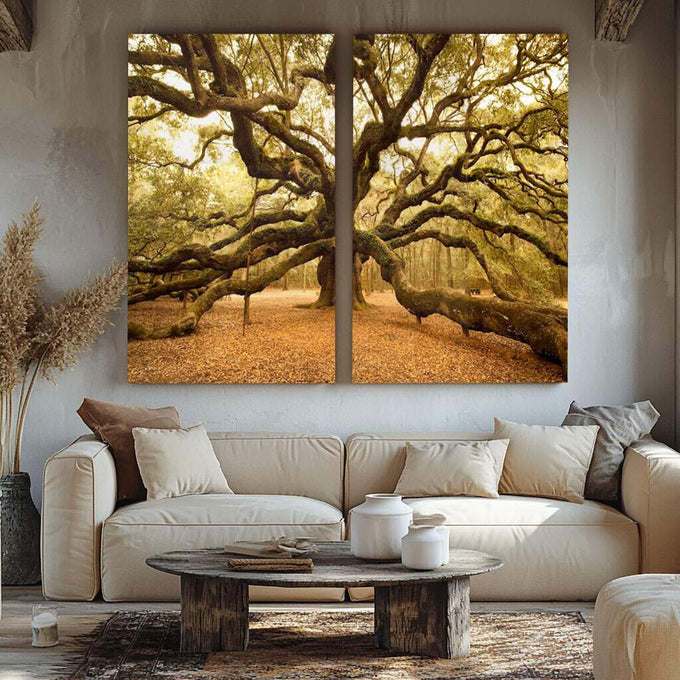 Quadro Decorativo Refúgio Florestal - Luz e Verde que Encantam - quadros decorativos para sala 2 Telas, botânica - em ambiente decorado