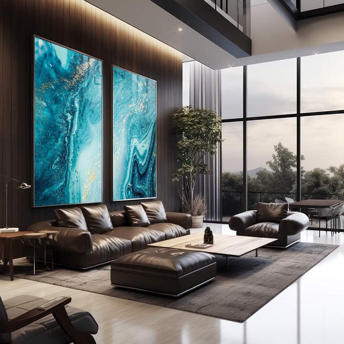 Quadro Decorativo Dança de Azul e Dourado: Inspiração Única - quadros decorativos 2 Telas, Abstratos e Geométricos - em escritorio elegante