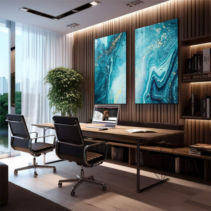 Quadro Decorativo Dança de Azul e Dourado: Inspiração Única - quadros decorativos para sala 2 Telas, Abstratos e Geométricos - em living room premium